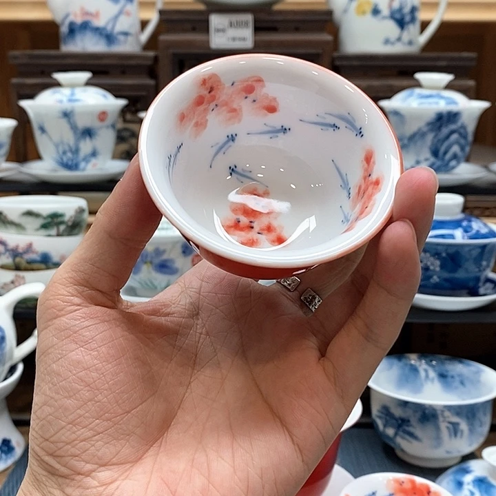 手绘龙船花压手杯85cc釉下彩微瑕福利款