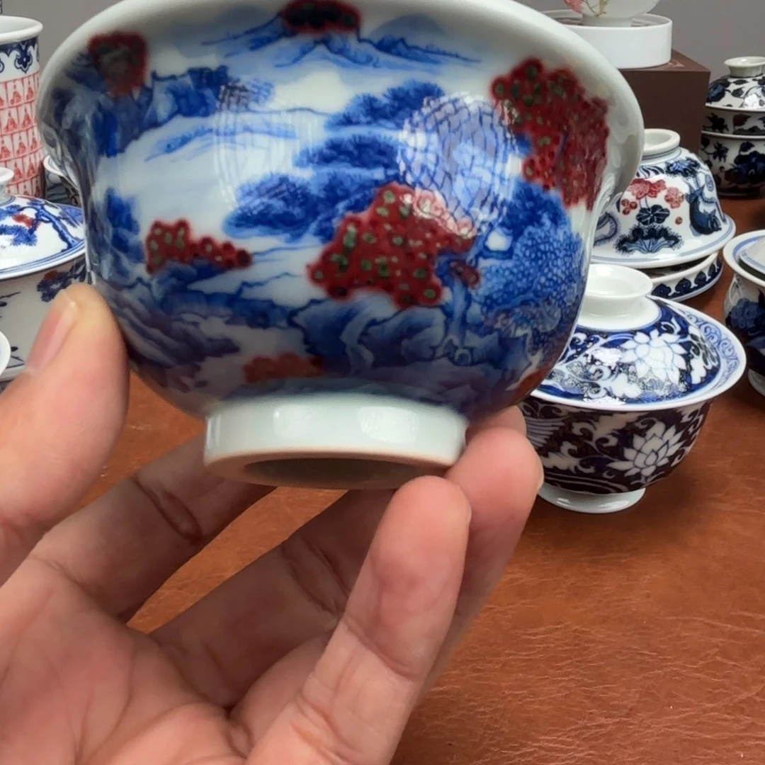 陶摆件微瑕釉里红山水压手杯