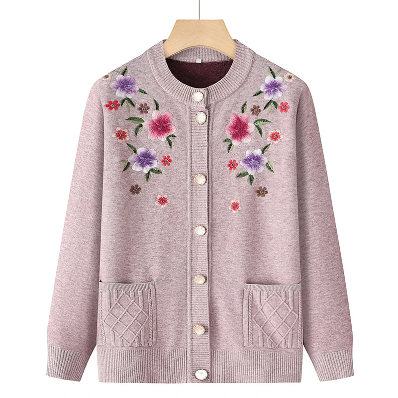 秀丽春秋加绒加厚一体绒奶奶装保暖中老年人女装毛衣外套妈妈开衫