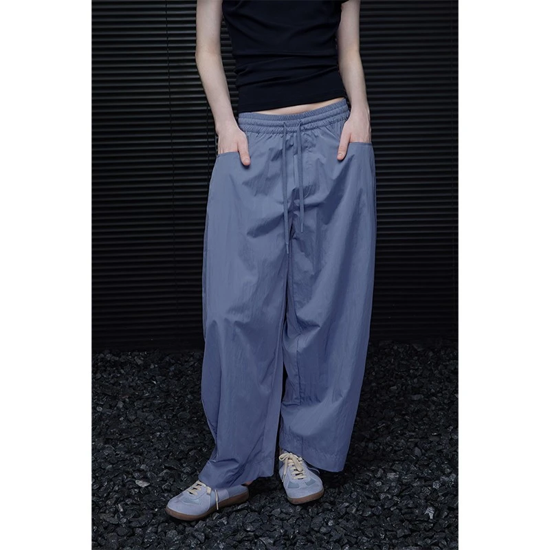 moment蓝色直筒休闲裤阔腿裤女2025夏季新款日系慵懒风宽松显瘦