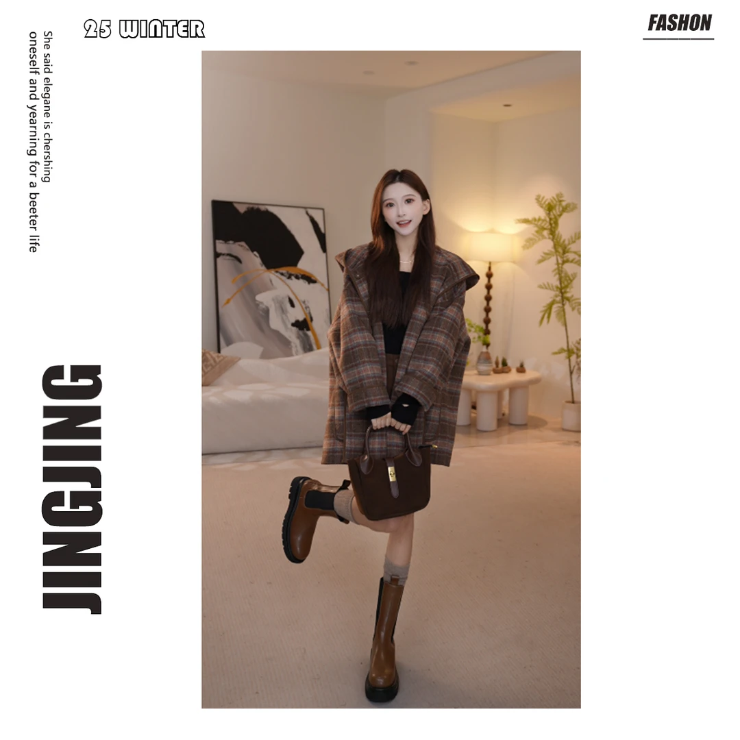 阿尔巴卡羊驼毛格子通勤毛呢外套小个子短款连帽大衣25D048时尚