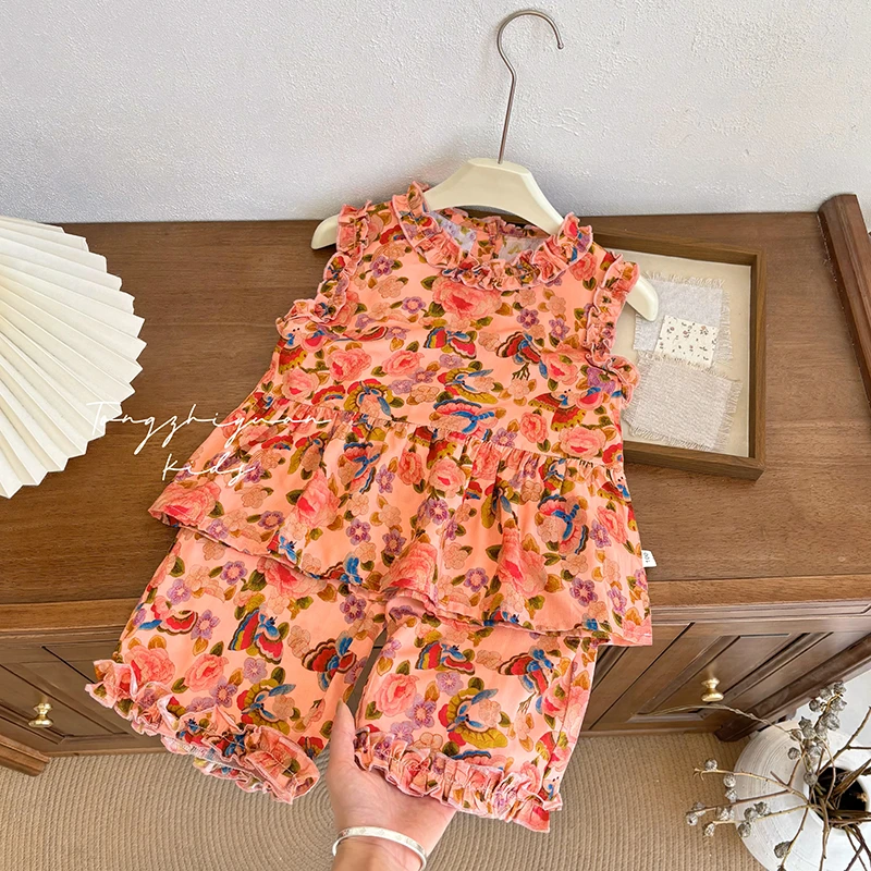 女童夏季新款绵绸套装儿童碎花背心阔腿裤套装女宝宝夏季两件套潮