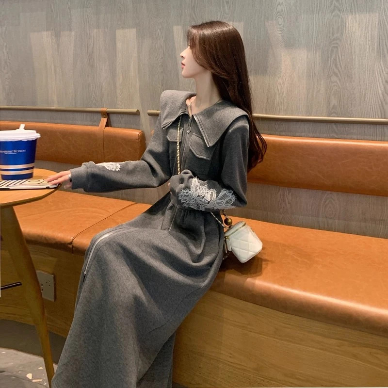 灰色卫衣连衣裙女春秋新款时尚洋气减龄气质翻领休闲裙子LJ0037