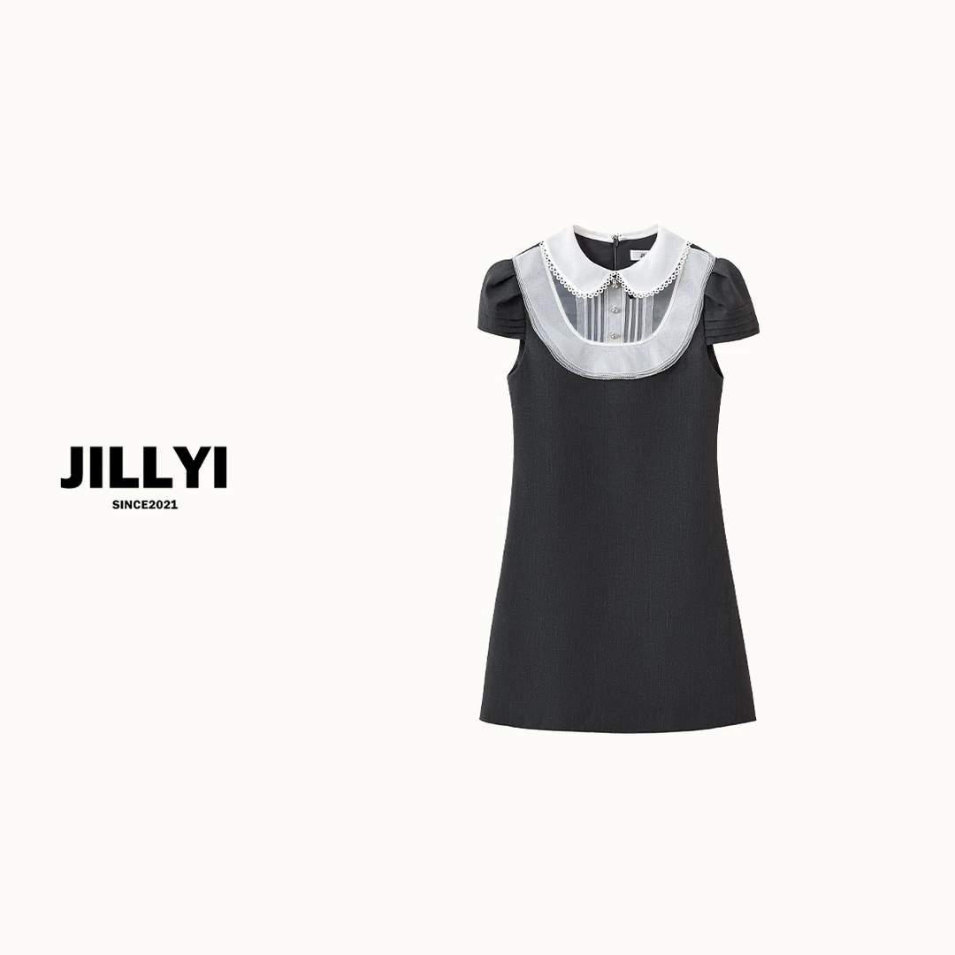 jillyi【格调冷灰】深灰色拼接白色网纱领口轻奢典雅连衣裙