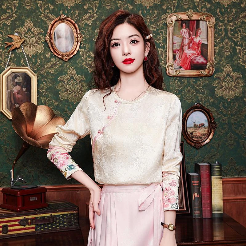国风真丝刺绣上衣女长袖春秋新款中式桑蚕丝提花衬衫唐装缎面衬衣