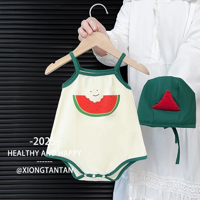 2025新款韩版男女宝宝包屁爬服可爱西瓜新生婴儿三角连体衣哈衣服