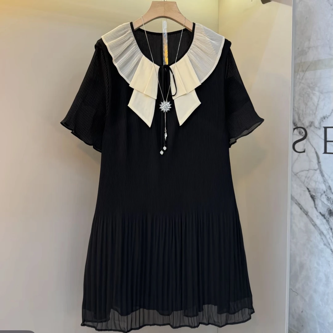 夏季新款宽松显瘦雪纺压皱百褶中长款休闲A字小黑裙