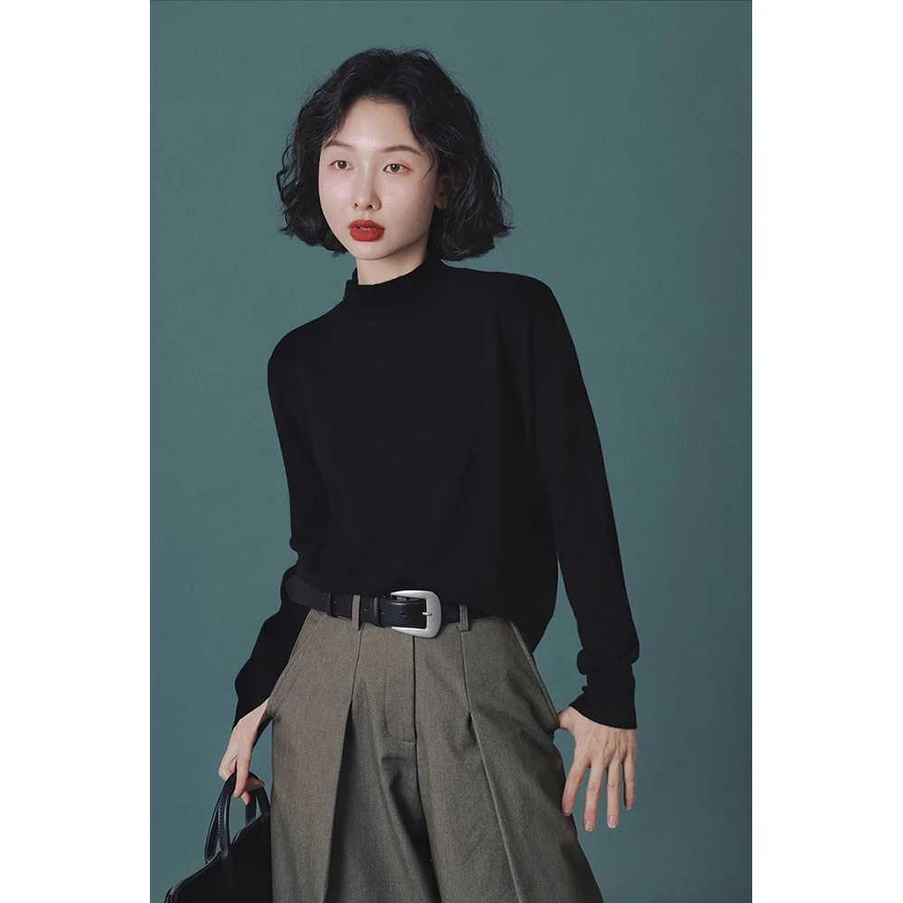 复古百搭软糯半高领打底衫女春秋款内搭修身长袖黑色气质套头上衣