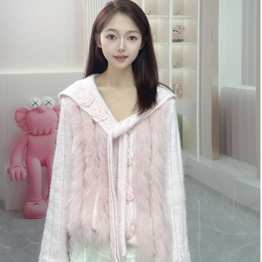 Ins秋冬新款仙女粉花边海军领狐狸毛毛衣开衫4254319239