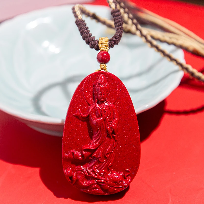 含辰砂工艺品天然朱砂晶体粉砂观音吊坠净水瓶乘龙观音项链男