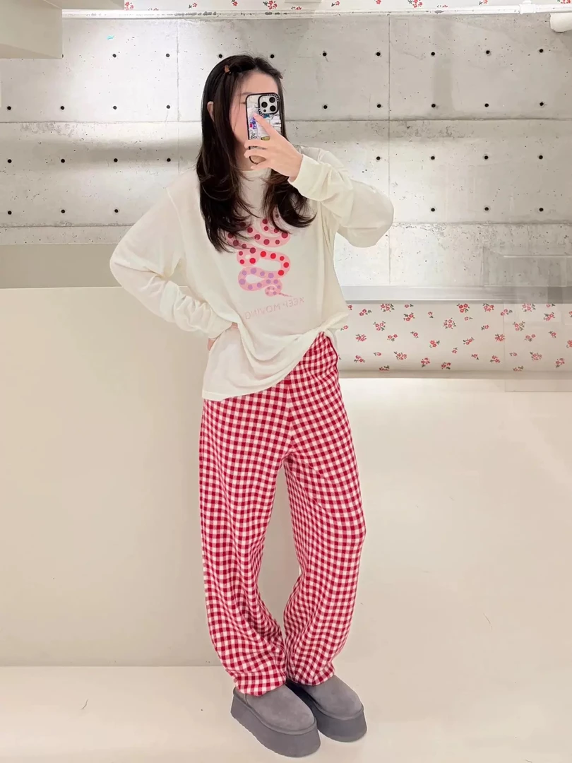 亲妈~2024冬季新品宽松休闲红色格纹超细羊毛长裤