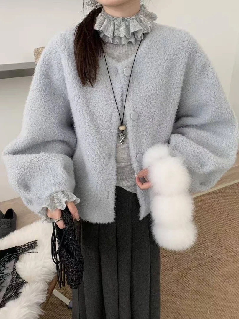 蓝色软糯毛茸茸外套女2025冬新韩版加厚减龄短外套