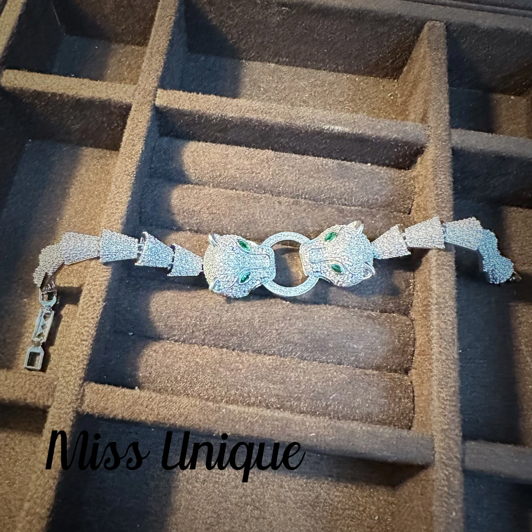 D5025银色豹子拼接扇子手链