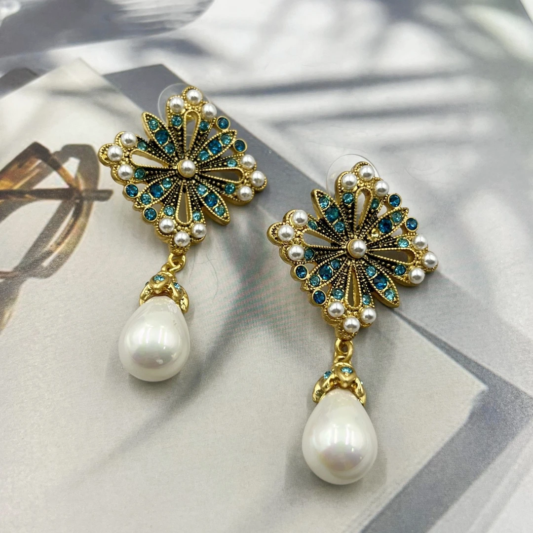 黄铜仿珍珠耳饰 中古首饰vintage镀18K金JYed0037复古气质时尚