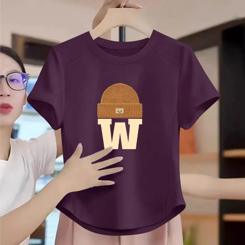 2025夏季不规则弧形下摆短袖上衣女纯棉印花鱼骨圆领大码宽松t恤