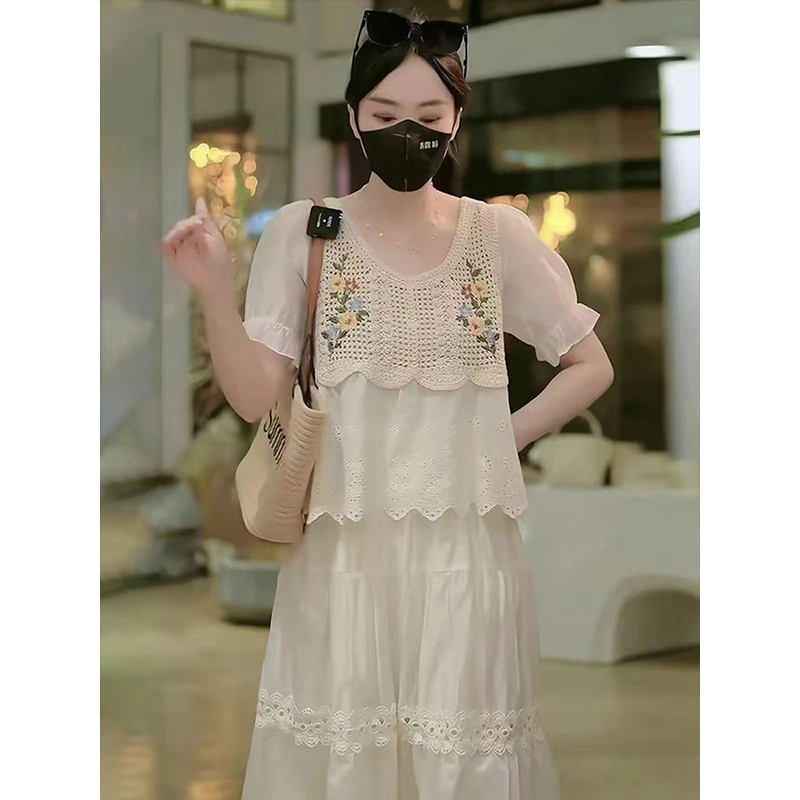 法式钩花镂空短袖上衣半身裙套装女新款波西米亚民族风两件套0944