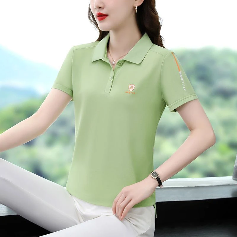 807绿色夏季短袖t恤女polo衫夏装宽松大码女士女款显瘦翻领上衣