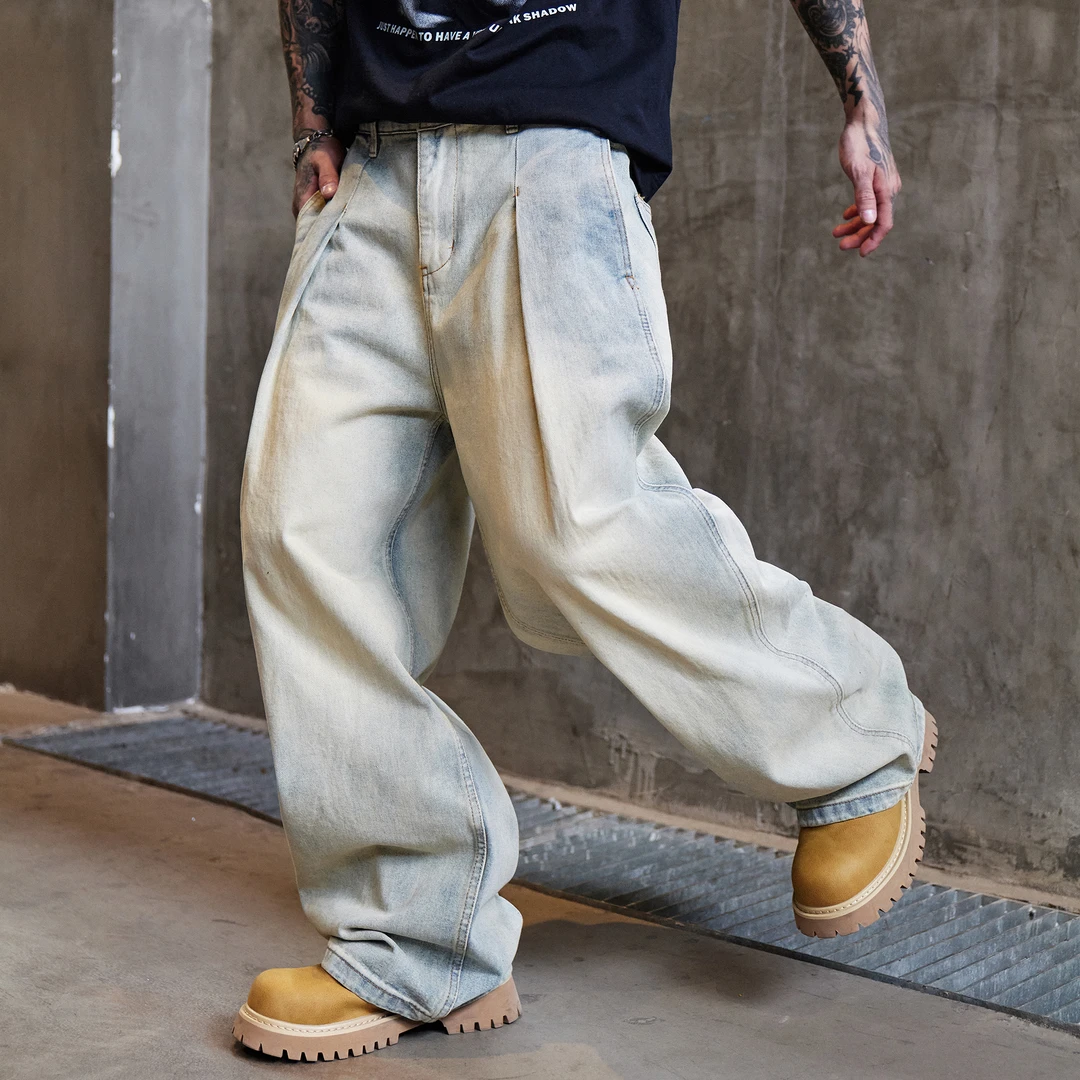 美式做旧复古潮流宽松阔腿牛仔裤男痞帅潮牌慵懒松弛感裤子情侣