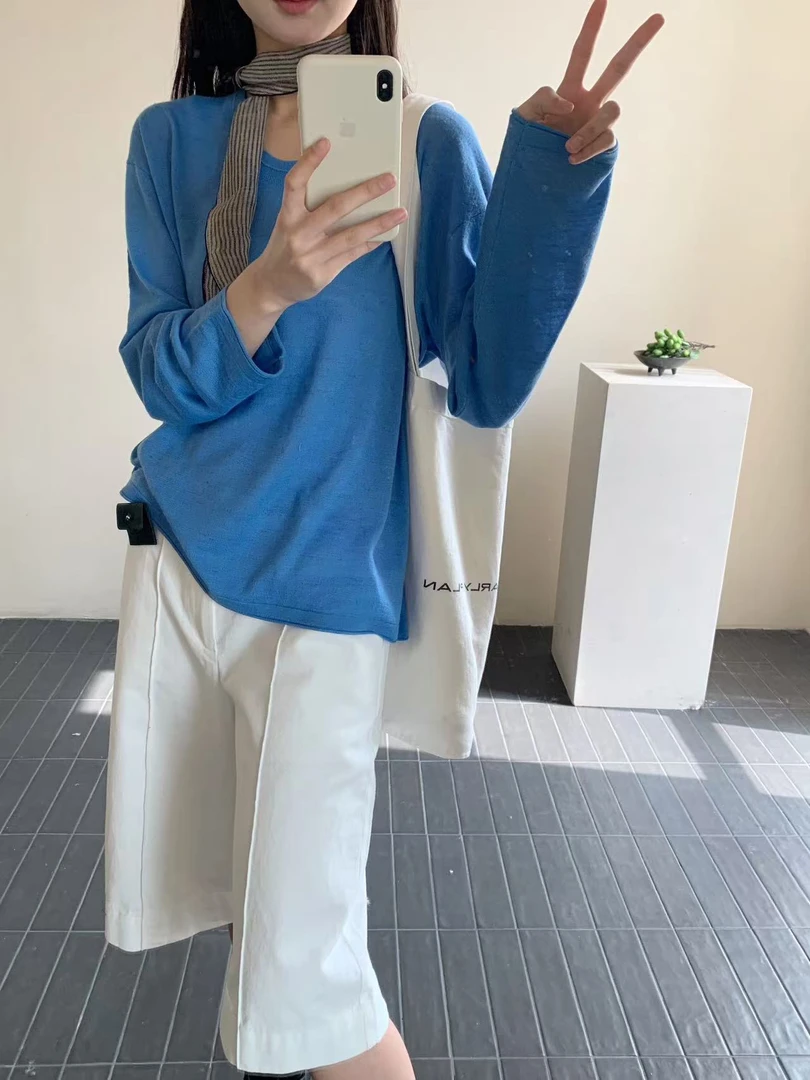 春夏宽松极简针织长袖套衫T恤衫9498