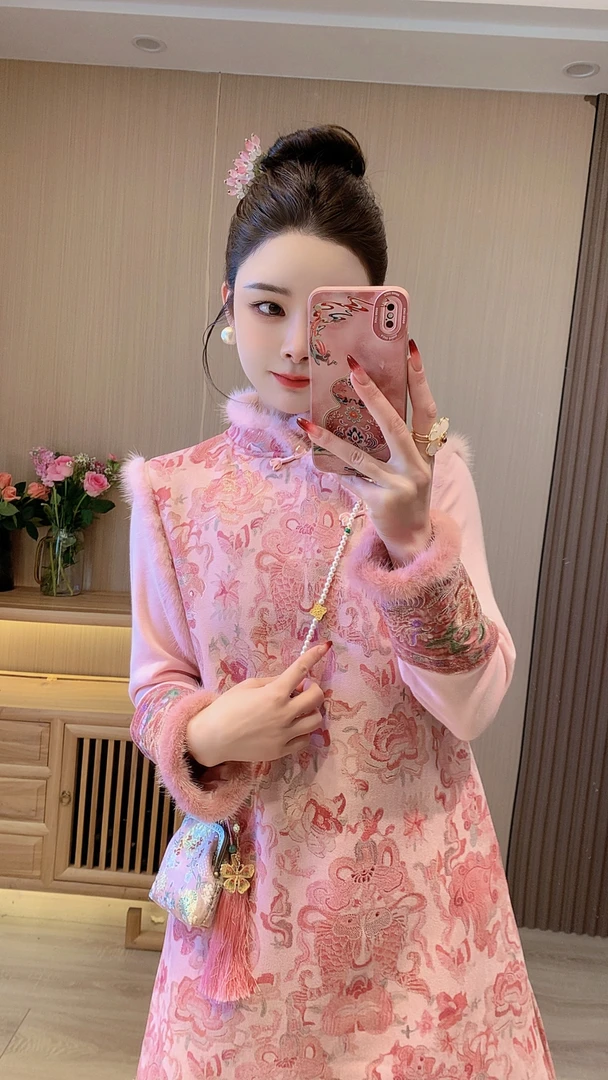 【锦鲤】新中式国风冬季加绒加厚旗袍裙连衣裙裙子女