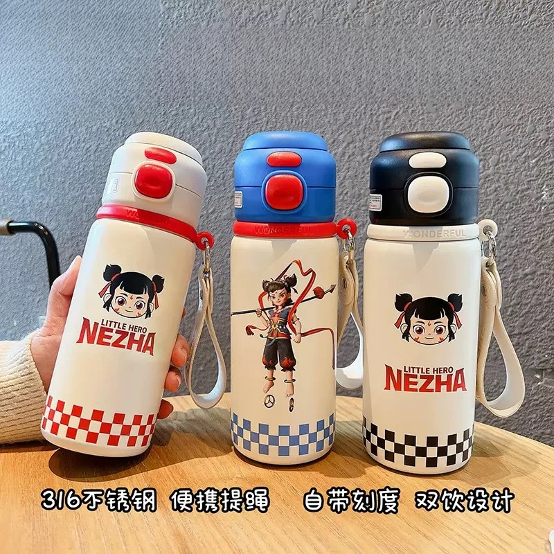 新款哪吒双饮弹跳保温杯高卡通潮流吸管杯316不锈钢保温水杯