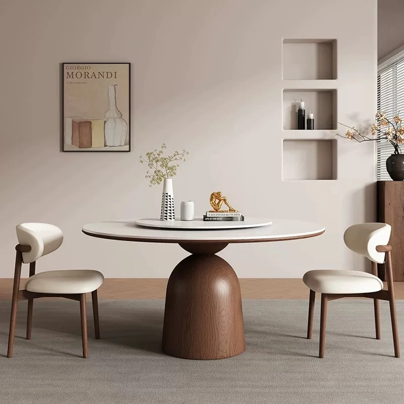 侘寂风实木圆桌家用小户型圆形白蜡木饭桌简约设计师岩板圆餐桌子