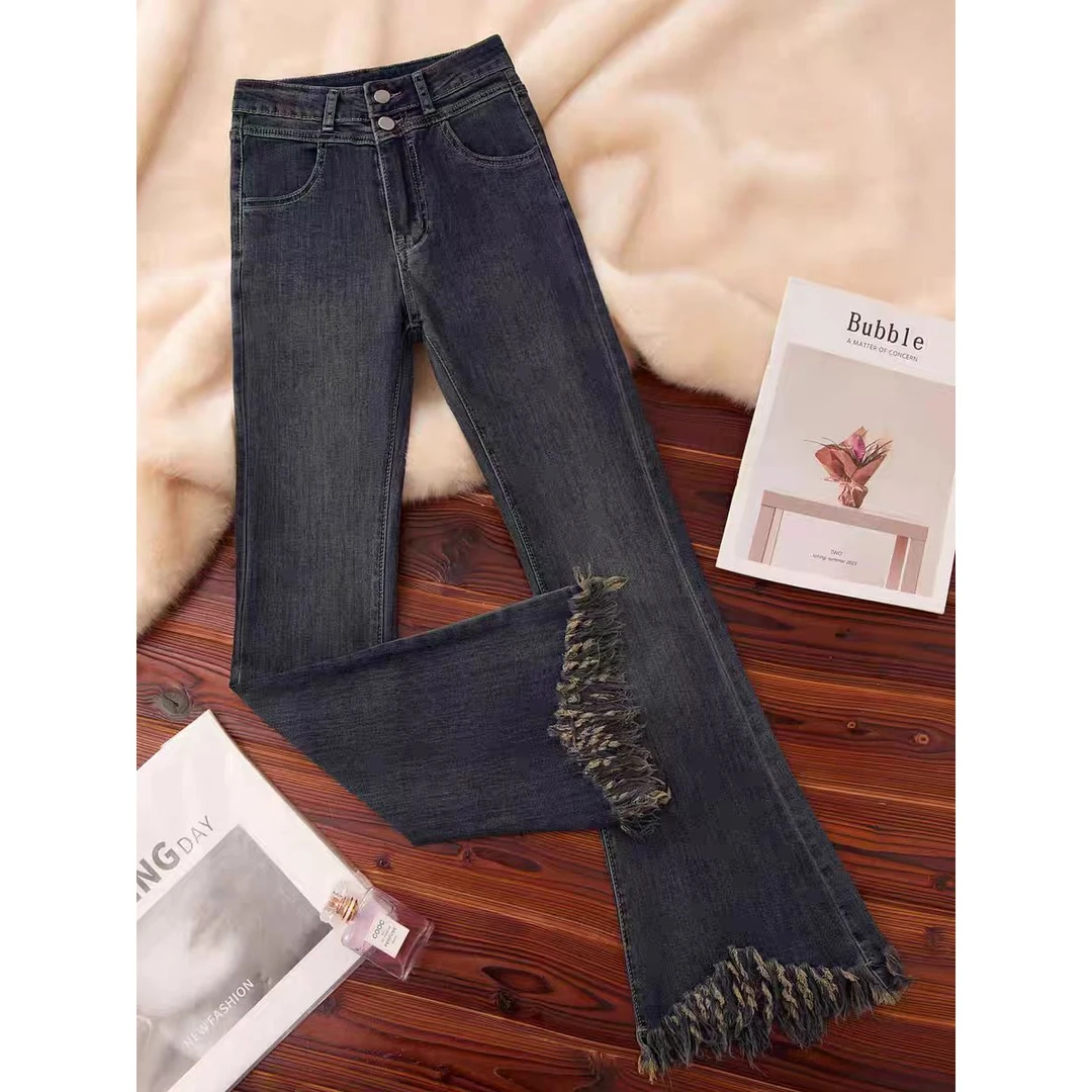 高腰厚款直筒牛仔裤女秋冬大码胖妹妹mm时尚宽松显瘦微喇叭裤