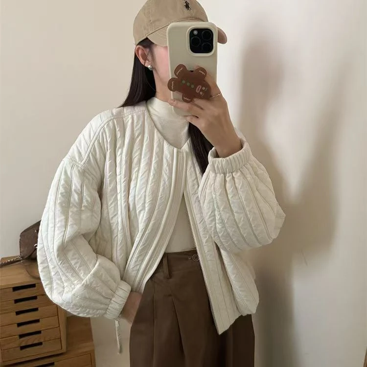韩系高级感圆领轻薄棉衣棉服女冬季2025新款宽松保暖短款夹棉外套