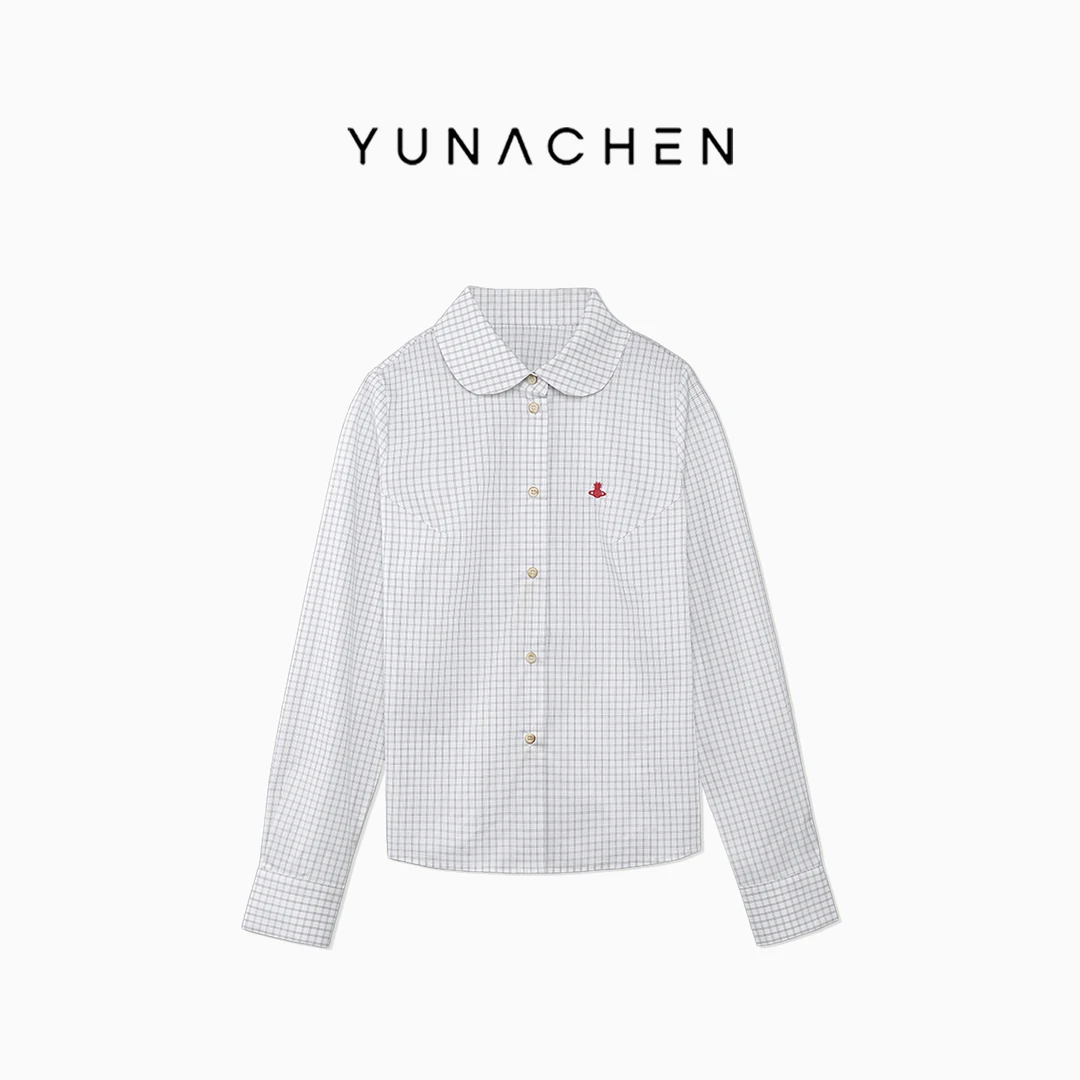菠萝宝宝yuna【小格叙事】简约经典菠萝刺绣格纹长袖衬衫YH28