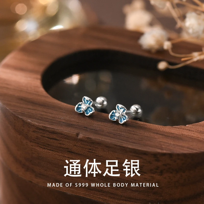 足银耳饰 999足银蓝鸢尾花耳钉女气质高级感花朵耳环耳饰2025新款
