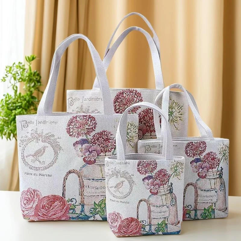 新瓶中花双面刺绣帆布包手提包单肩包休闲文艺学生上班外出通勤包