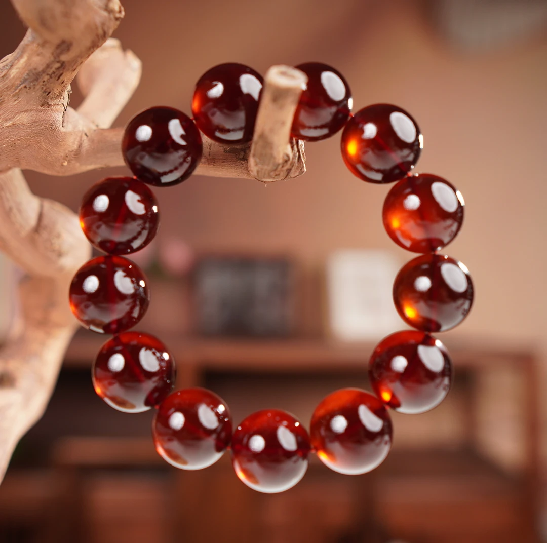 【夏歌珠宝】19+缅甸天然琥珀圆珠手串轻奢时尚红色简约单圈素款