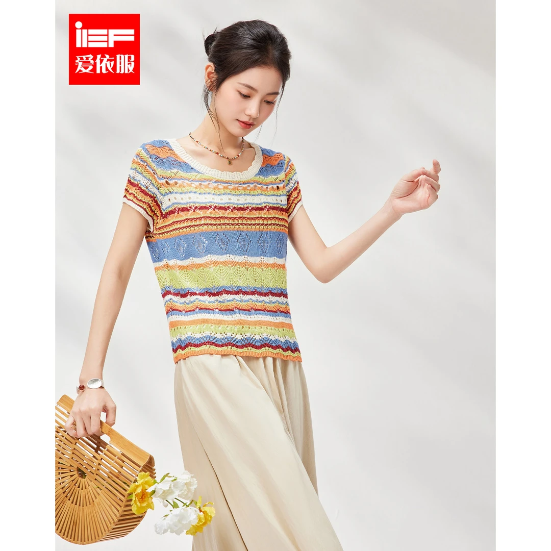 IEF/爱依服2025夏季新款韩版彩色条纹设计通勤百搭毛织上衣流光风