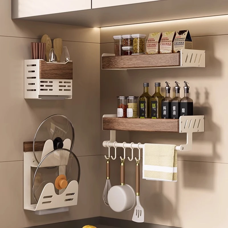 胡桃木多层厨房置物架调料架多功能免打孔挂壁锅盖专用台面置物架