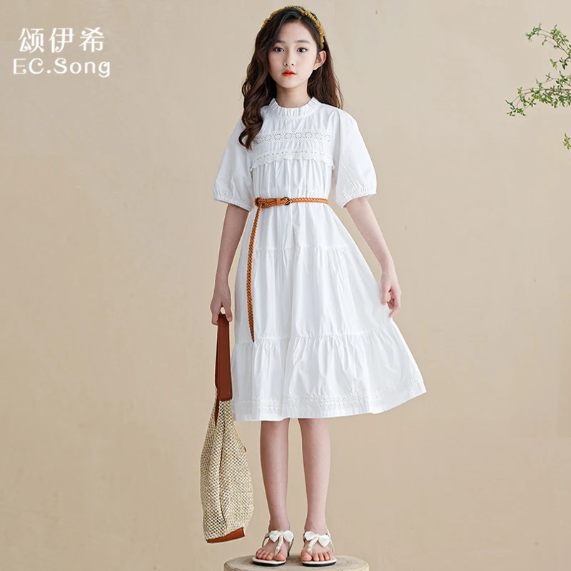 女童白色连衣裙2025新款夏季中大童女孩短袖韩版洋气时髦公主裙子