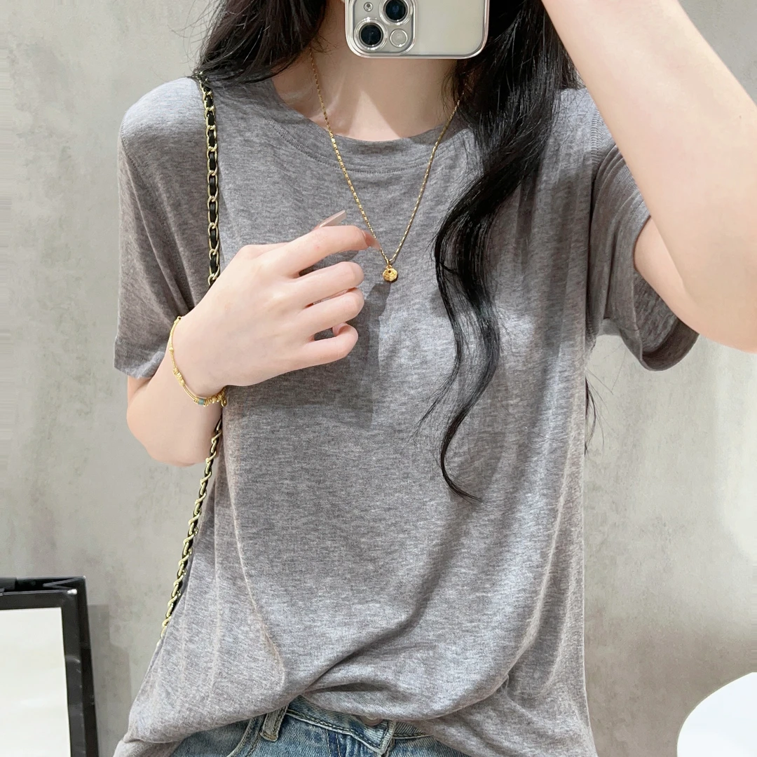 莱赛尔天丝薄款圆领短袖t恤女夏季白色韩版宽松休闲垂感显瘦上衣