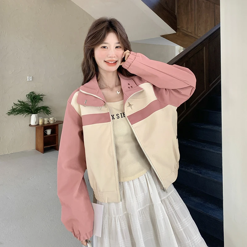 韩系粉色设计感短外套女春秋2025年新款休闲宽松时尚炸街夹克上衣