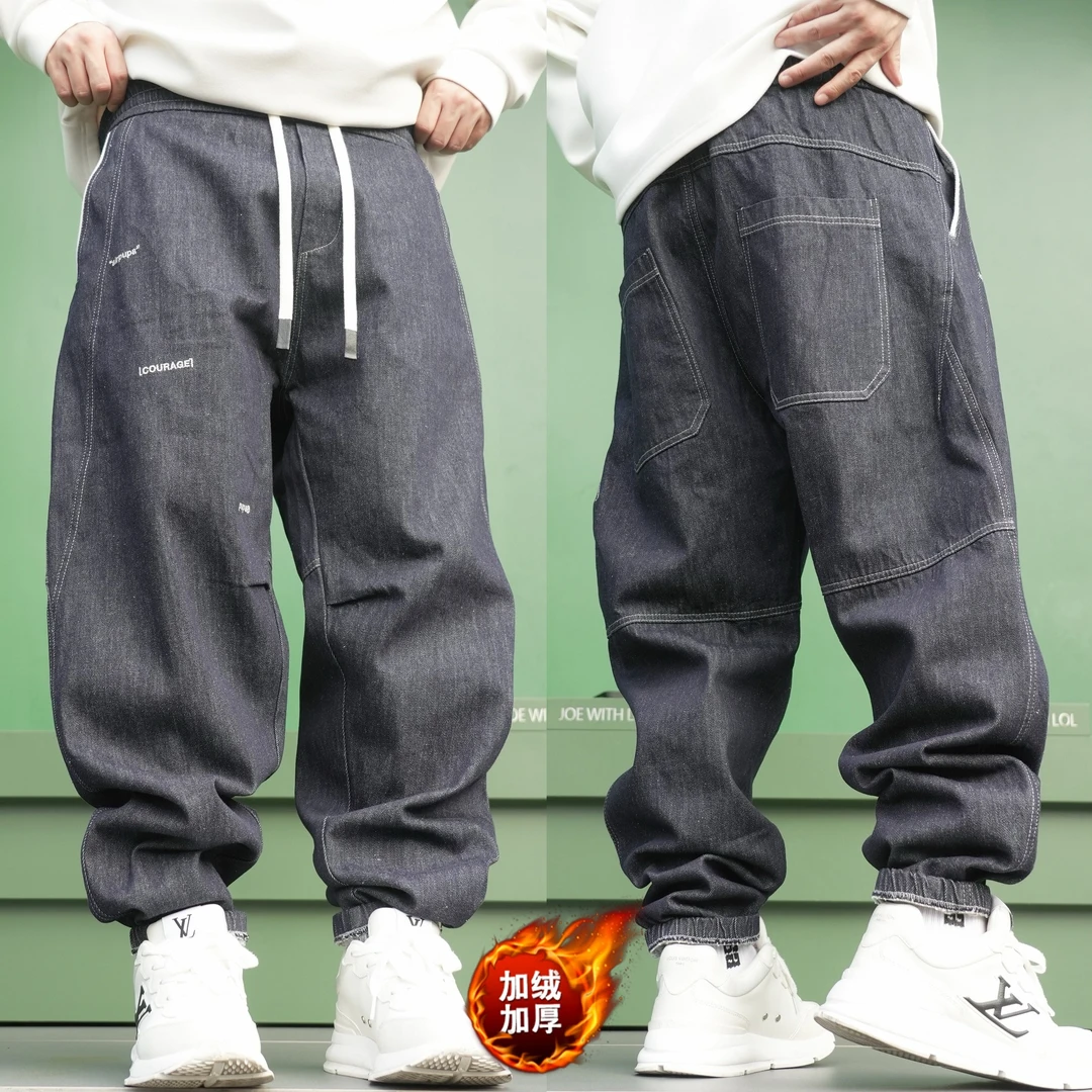 冬款加绒束脚款潮流刺绣薄牛仔休闲裤049Z