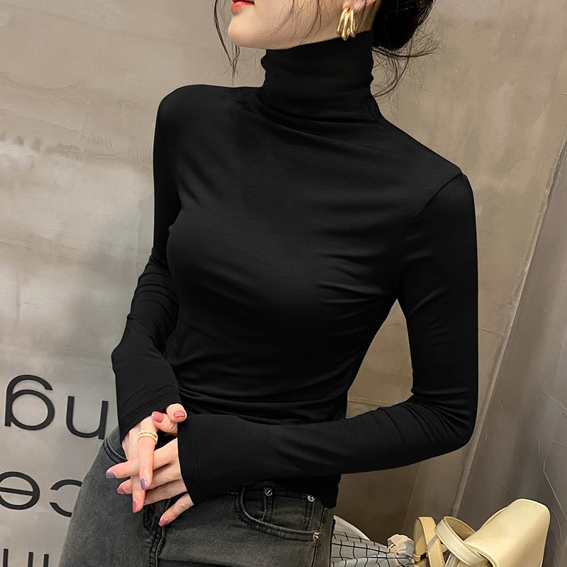 莫代尔高领打底衫女2025新款春秋冬内搭堆领长袖T恤爆款黑色上衣