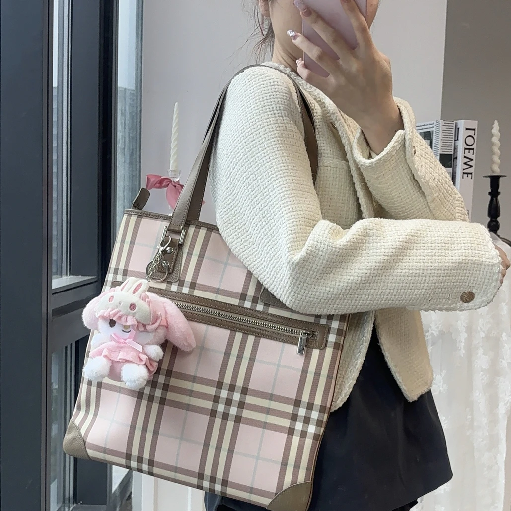 95新 BURBERRY/博柏利 bbr中古粉色格纹托特包
