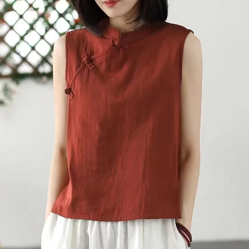 2025夏装新款复古文艺棉麻小衫盘扣无袖背心上衣女05-27-01