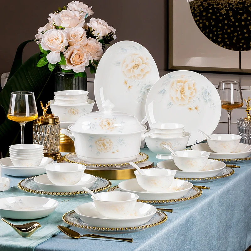 国色天香70+56件乔迁结婚送礼高温陶瓷碗碟盘景德镇骨瓷餐具套装