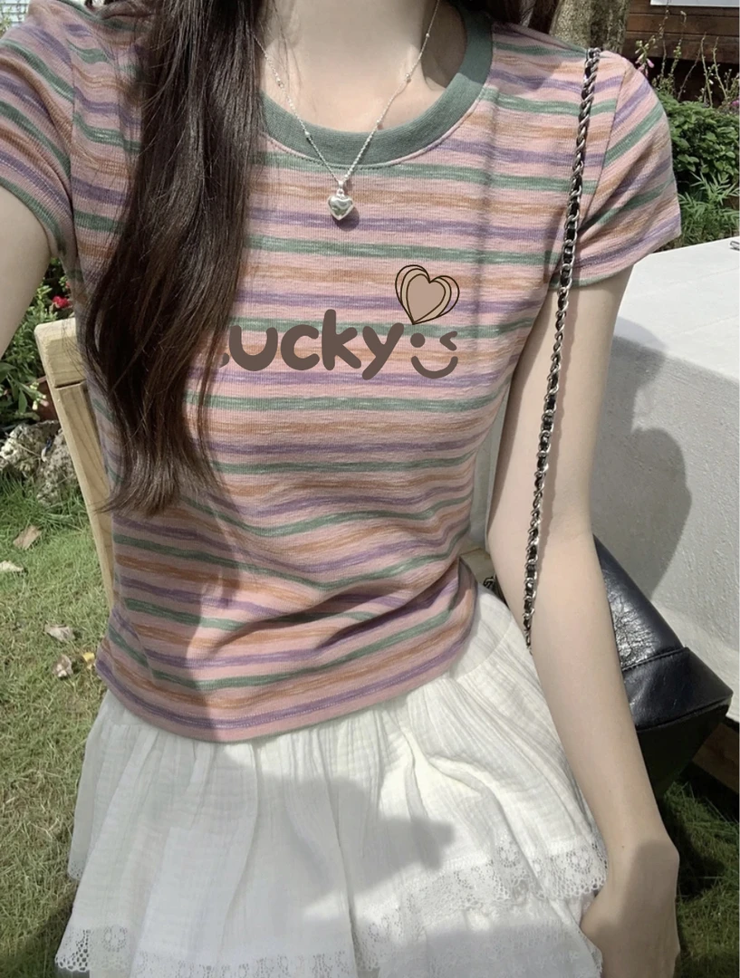 美式复古彩色条纹短袖t恤女夏季2025新款圆领套头卡通印花上衣潮