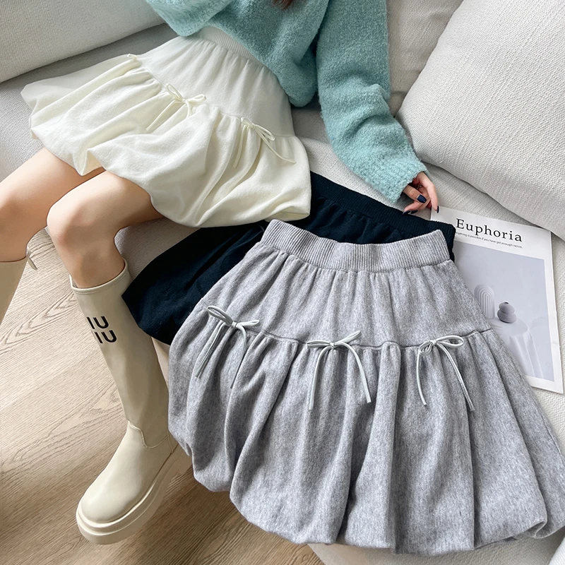 针织蝴蝶结花苞蓬蓬半身裙女2025秋冬新款松紧腰气质a字短裙显瘦