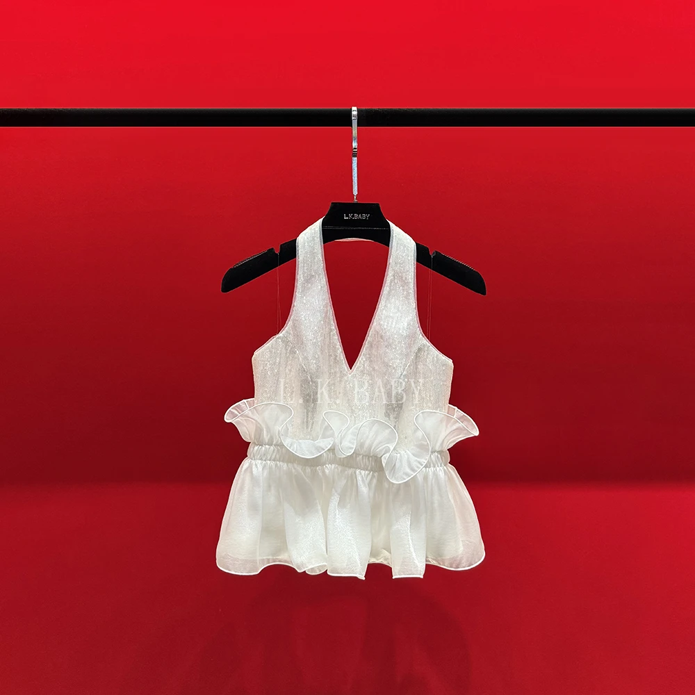 【L.K.BABY】清纯如玉 法式纯欲「芭蕾花边」性感V领蓬蓬挂脖上衣