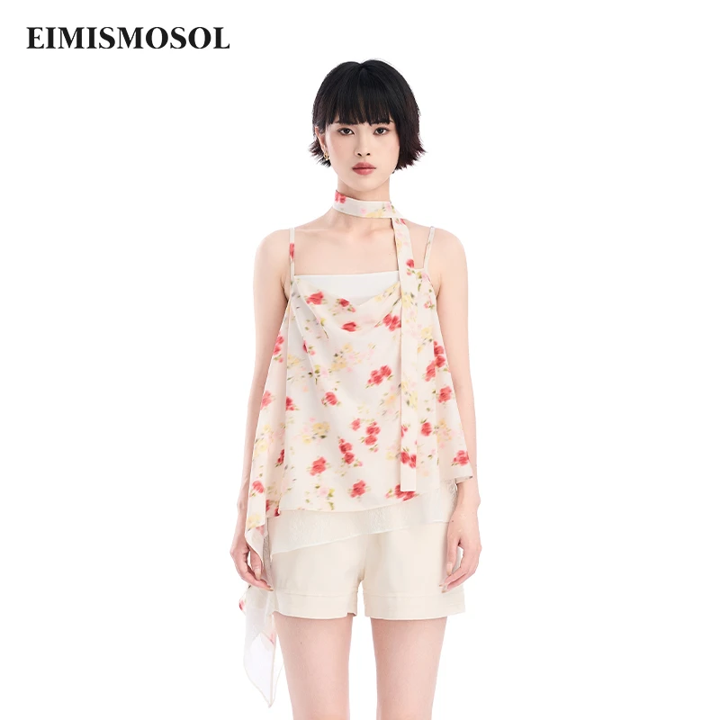 Eimismosol2025夏季新款时尚背心女印花吊带雪纺上衣