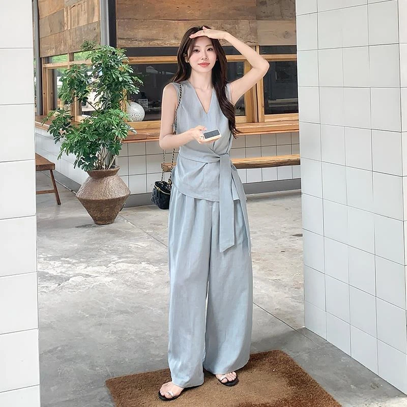 亚麻套装高级感宽松2025夏季新款爆款气无袖背心高腰阔腿裤件套女