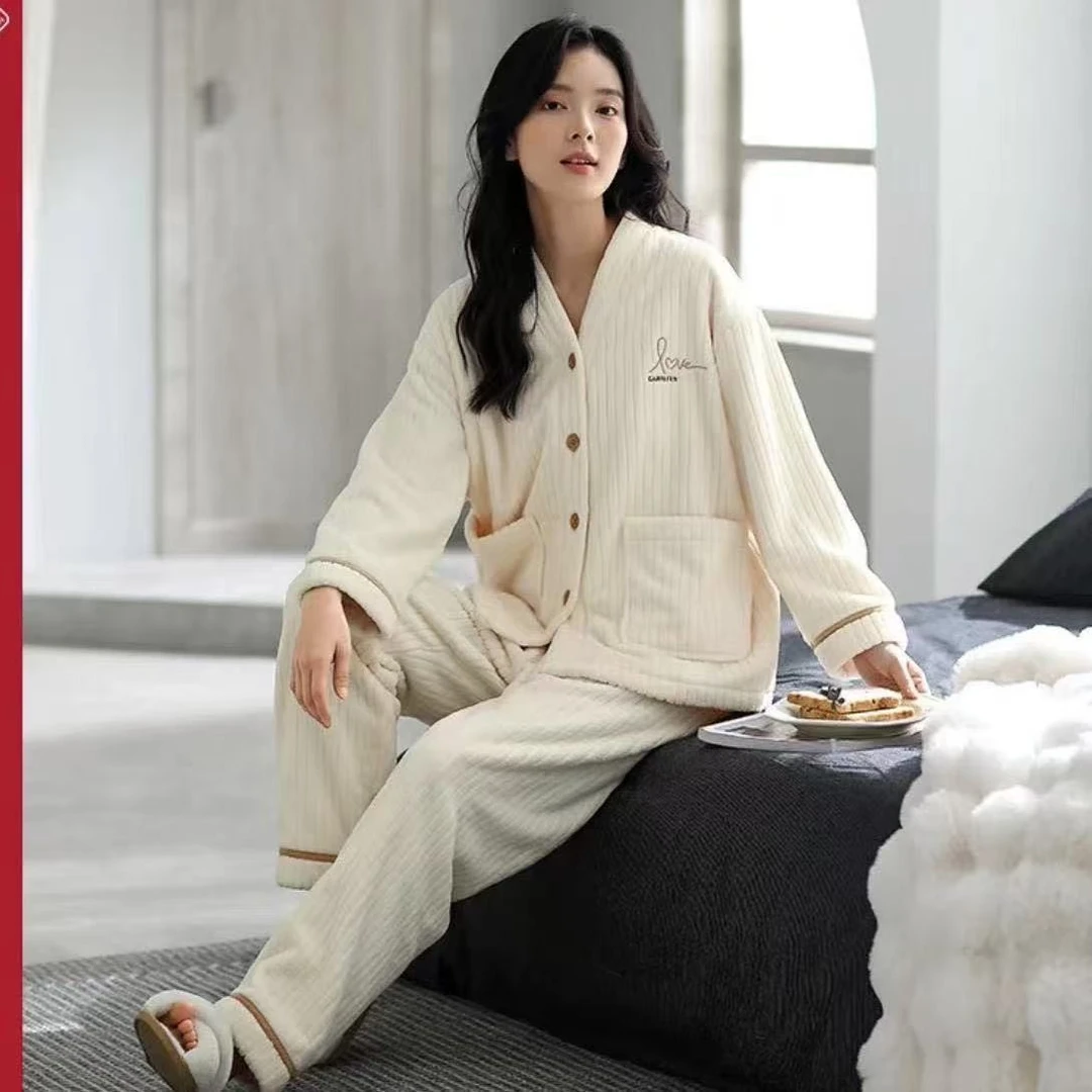【青仓浮力】2025新款抽条冬季睡衣家居服加绒加厚睡衣套装