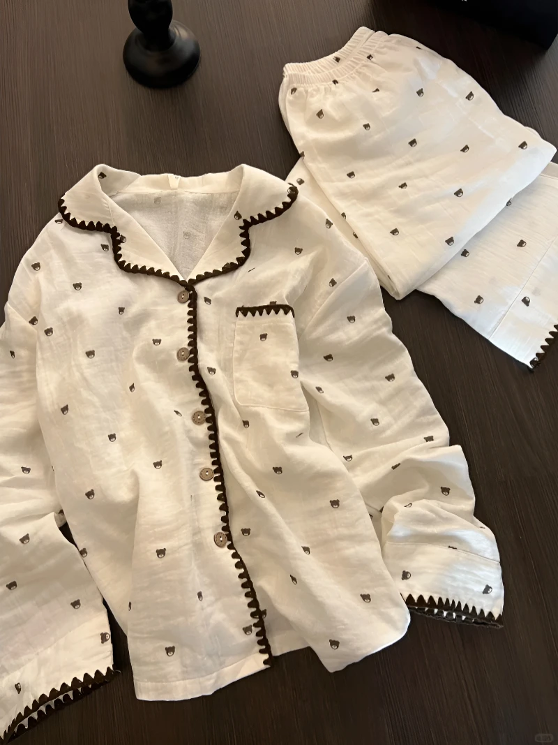 卡通软萌小熊印花睡衣女春秋新款休闲长袖长裤家居服套装可外穿