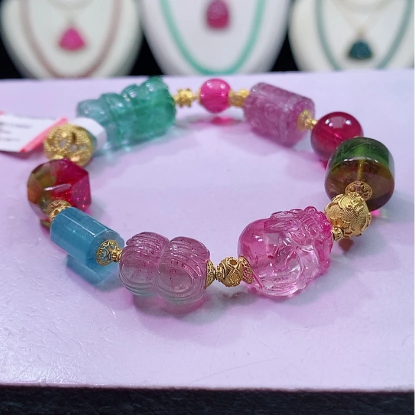 【闪购商品】碧玺手链18K金镶嵌碧玺多宝手链